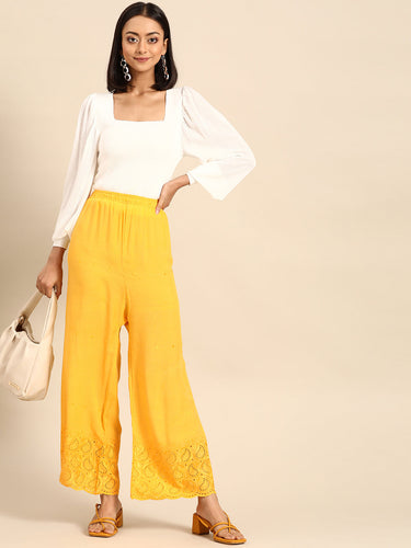 Front view of Mustard Chikan Embroidered Rayon Palazzo Pants, featuring detailed embroidery and soft rayon fabric.