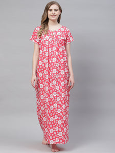 "Comfortable blue floral print cotton maxi nightgown, ideal for sleepwear and lounging, with a v-neck design."