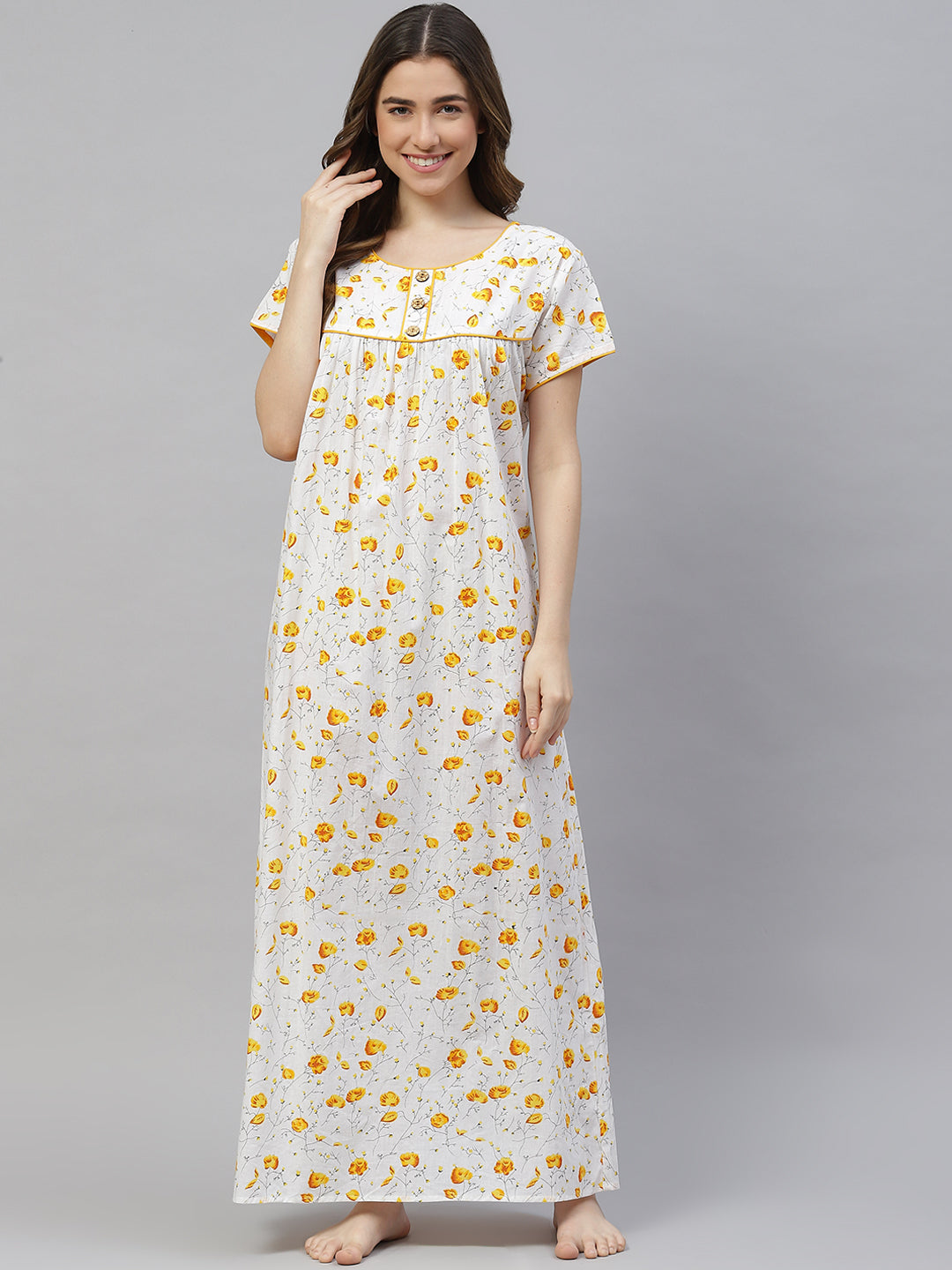 Women's Pure cotton Night Gown Sleepwear Yoke style Printed Maxi  Nighty-2535PL