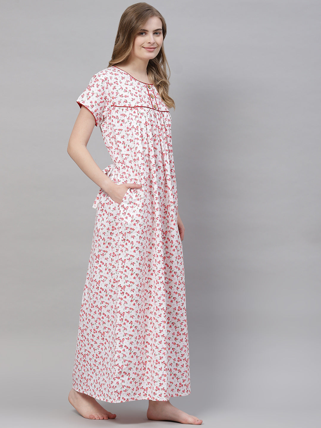 Women's Pure cotton Night Gown Sleepwear Yoke style Printed Maxi
