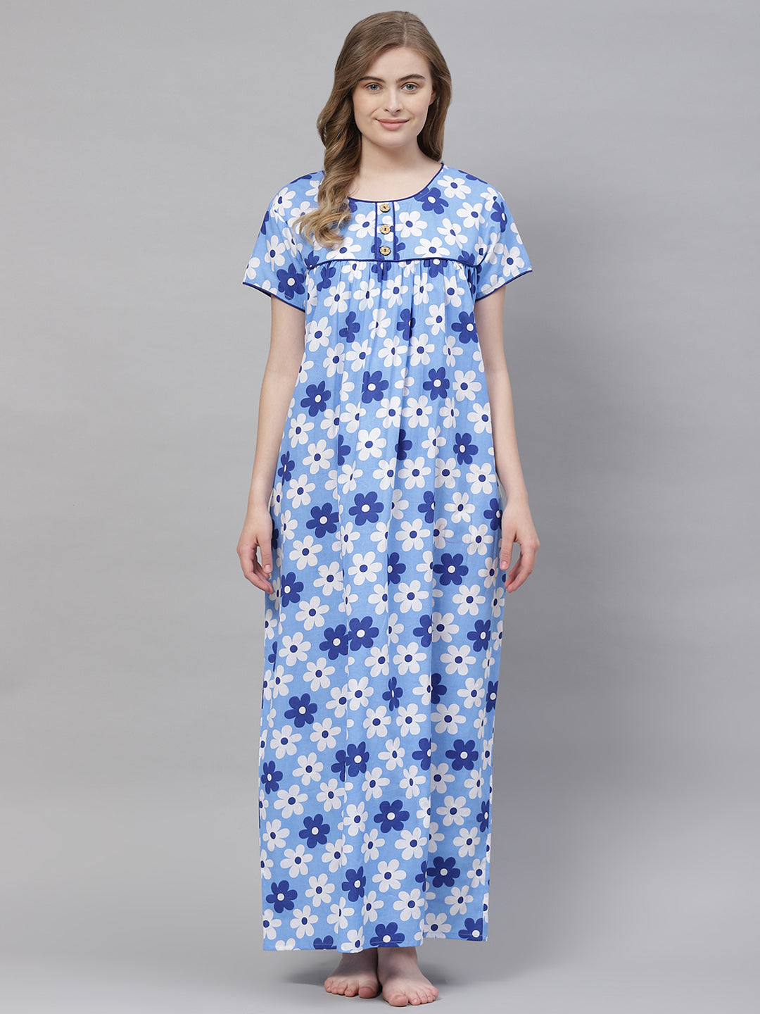 Women's Pure cotton Night Gown Sleepwear Yoke style Printed Maxi Night –  VEMANTE